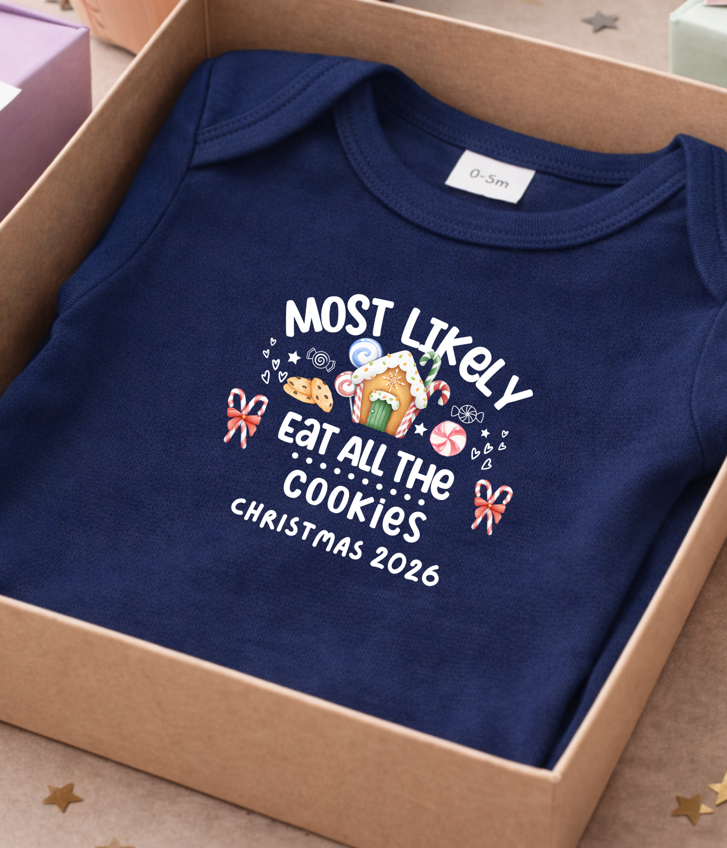Funny Christmas Baby One-piece Bodysuit– “Most Likely to Eat All the Cookies” Red, Green, Navy Infant Bodysuit – Christmas 2026