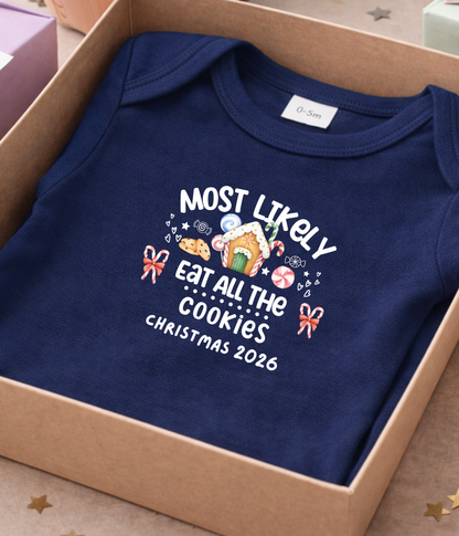 Funny Christmas Baby One-piece Bodysuit– “Most Likely to Eat All the Cookies” Red, Green, Navy Infant Bodysuit – Christmas 2026
