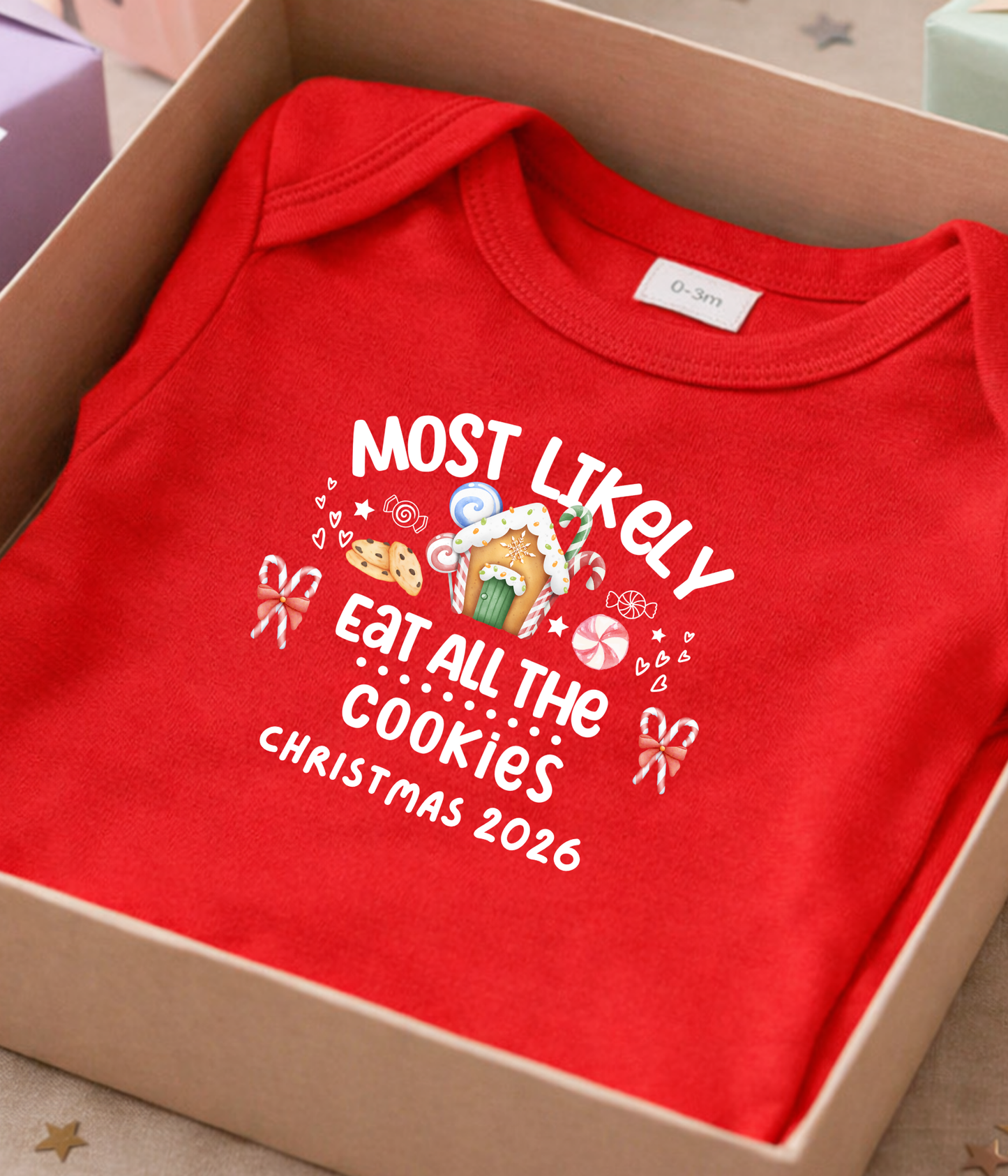 Funny Christmas Baby One-piece Bodysuit– “Most Likely to Eat All the Cookies” Red, Green, Navy Infant Bodysuit – Christmas 2026