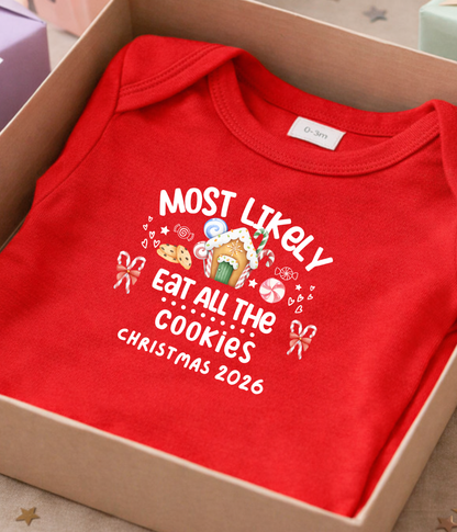Funny Christmas Baby One-piece Bodysuit– “Most Likely to Eat All the Cookies” Red, Green, Navy Infant Bodysuit – Christmas 2026