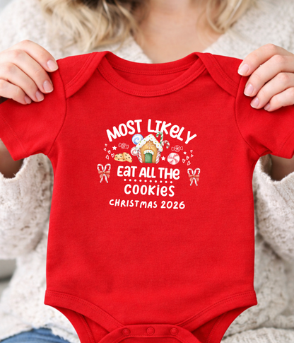 Funny Christmas Baby One-piece Bodysuit– “Most Likely to Eat All the Cookies” Red, Green, Navy Infant Bodysuit – Christmas 2026