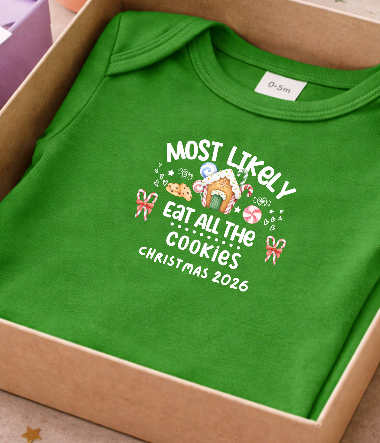 Funny Christmas Baby One-piece Bodysuit– “Most Likely to Eat All the Cookies” Red, Green, Navy Infant Bodysuit – Christmas 2026
