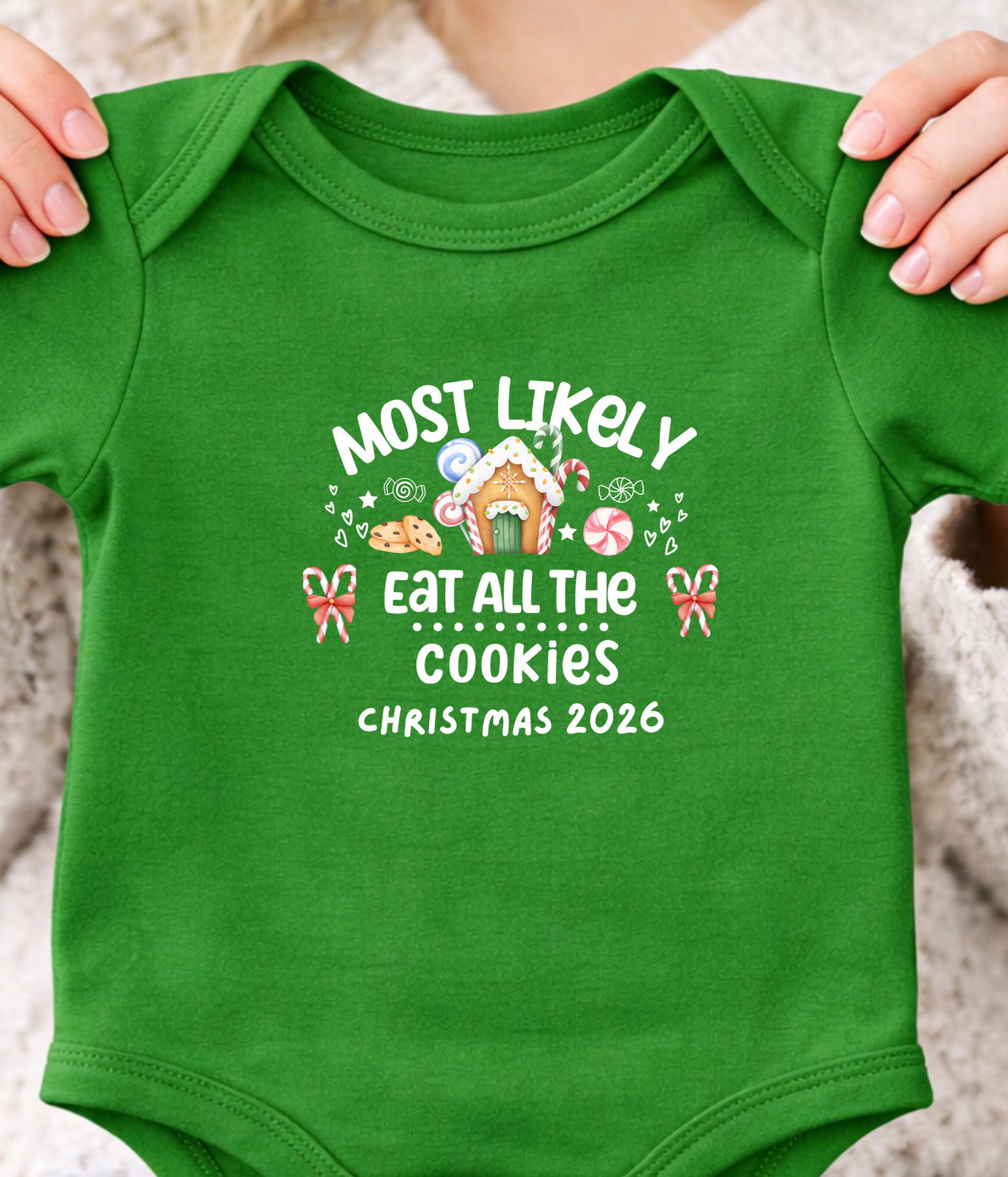 Funny Christmas Baby One-piece Bodysuit– “Most Likely to Eat All the Cookies” Red, Green, Navy Infant Bodysuit – Christmas 2026