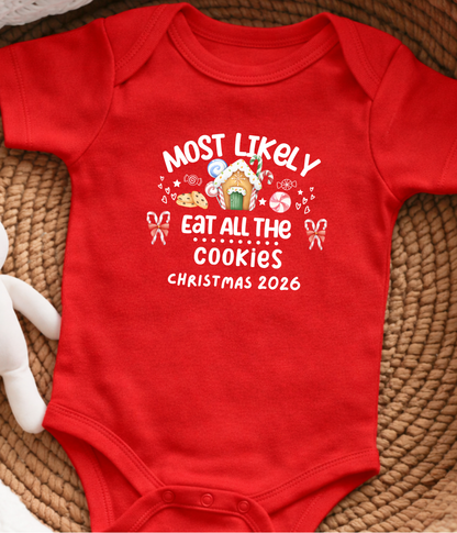 Funny Christmas Baby One-piece Bodysuit– “Most Likely to Eat All the Cookies” Red, Green, Navy Infant Bodysuit – Christmas 2026