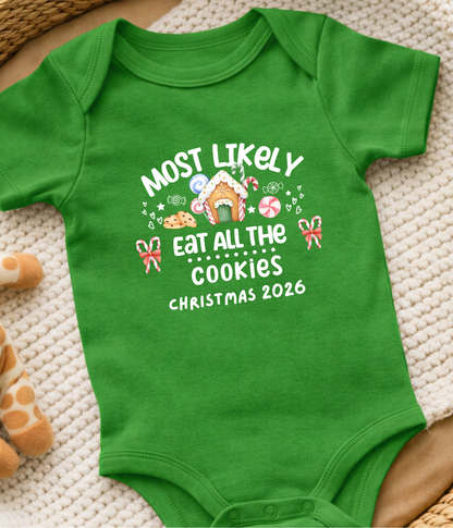 Funny Christmas Baby One-piece Bodysuit– “Most Likely to Eat All the Cookies” Red, Green, Navy Infant Bodysuit – Christmas 2026