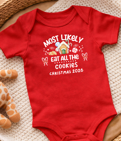 Funny Christmas Baby One-piece Bodysuit– “Most Likely to Eat All the Cookies” Red, Green, Navy Infant Bodysuit – Christmas 2026