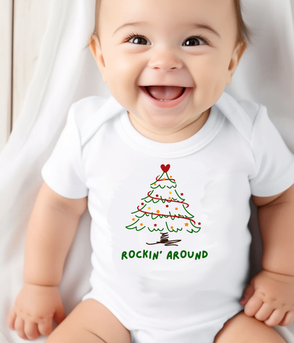 Rockin’ Around Christmas Tree Baby One-Piece – Cute Holiday Baby Outfit – Funny Christmas Infant Bodysuit – Baby’s First Christmas Gift