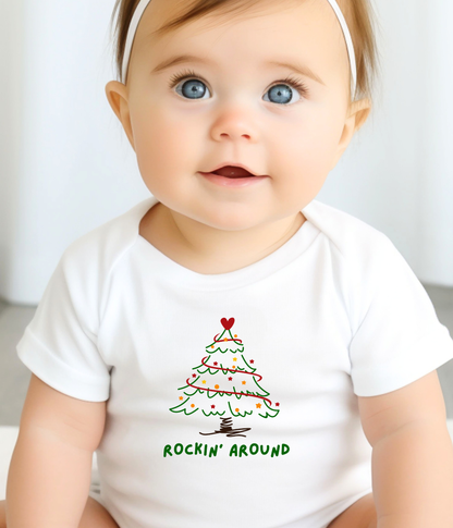 Rockin’ Around Christmas Tree Baby One-Piece – Cute Holiday Baby Outfit – Funny Christmas Infant Bodysuit – Baby’s First Christmas Gift