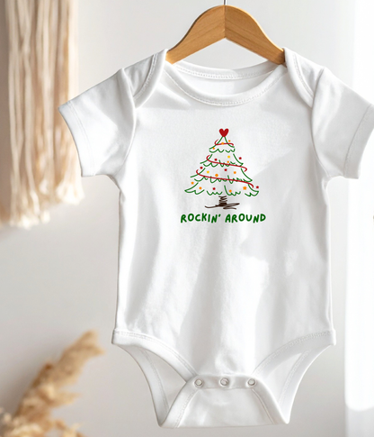 Rockin’ Around Christmas Tree Baby One-Piece – Cute Holiday Baby Outfit – Funny Christmas Infant Bodysuit – Baby’s First Christmas Gift