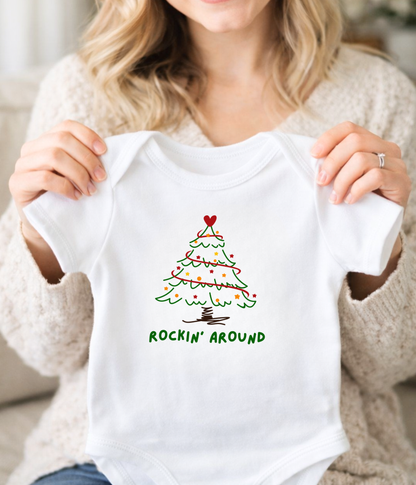 Rockin’ Around Christmas Tree Baby One-Piece – Cute Holiday Baby Outfit – Funny Christmas Infant Bodysuit – Baby’s First Christmas Gift