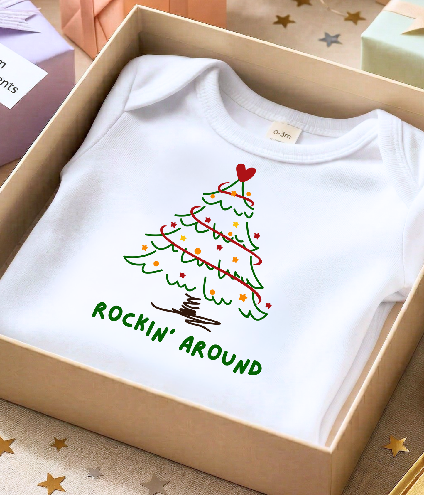 Rockin’ Around Christmas Tree Baby One-Piece – Cute Holiday Baby Outfit – Funny Christmas Infant Bodysuit – Baby’s First Christmas Gift