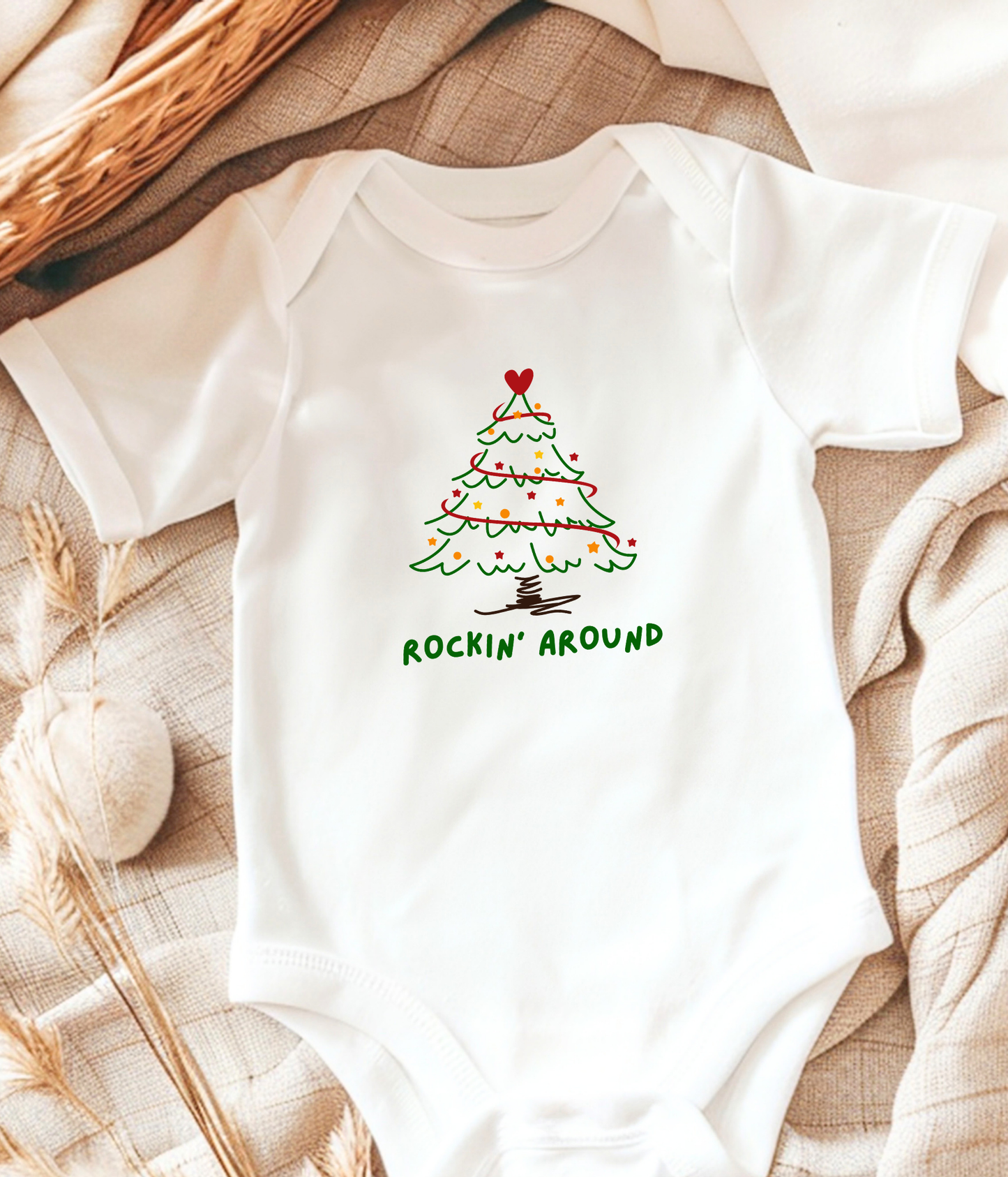 Rockin’ Around Christmas Tree Baby One-Piece – Cute Holiday Baby Outfit – Funny Christmas Infant Bodysuit – Baby’s First Christmas Gift