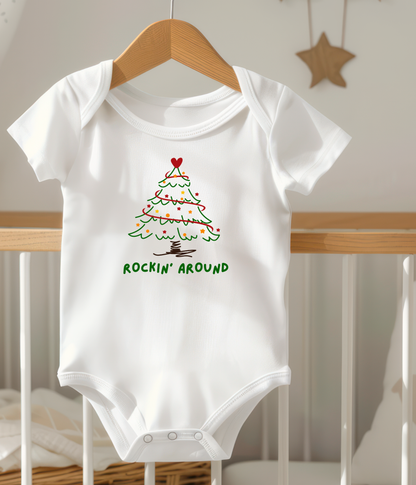 Rockin’ Around Christmas Tree Baby One-Piece – Cute Holiday Baby Outfit – Funny Christmas Infant Bodysuit – Baby’s First Christmas Gift