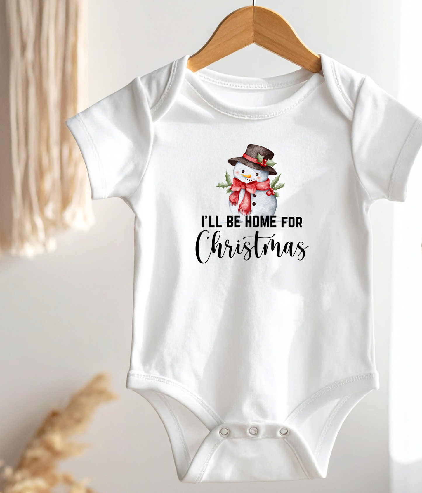 I’ll Be Home for Christmas Baby One-Piece – Cute Snowman Holiday Outfit – Baby’s First Christmas Bodysuit – Christmas Infant Gift Idea