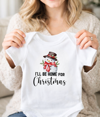 I’ll Be Home for Christmas Baby One-Piece – Cute Snowman Holiday Outfit – Baby’s First Christmas Bodysuit – Christmas Infant Gift Idea