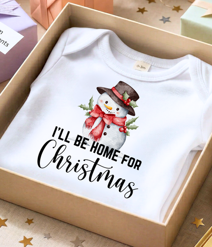 I’ll Be Home for Christmas Baby One-Piece – Cute Snowman Holiday Outfit – Baby’s First Christmas Bodysuit – Christmas Infant Gift Idea