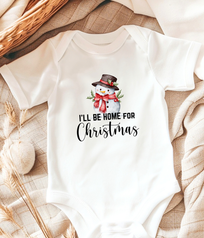 I’ll Be Home for Christmas Baby One-Piece – Cute Snowman Holiday Outfit – Baby’s First Christmas Bodysuit – Christmas Infant Gift Idea
