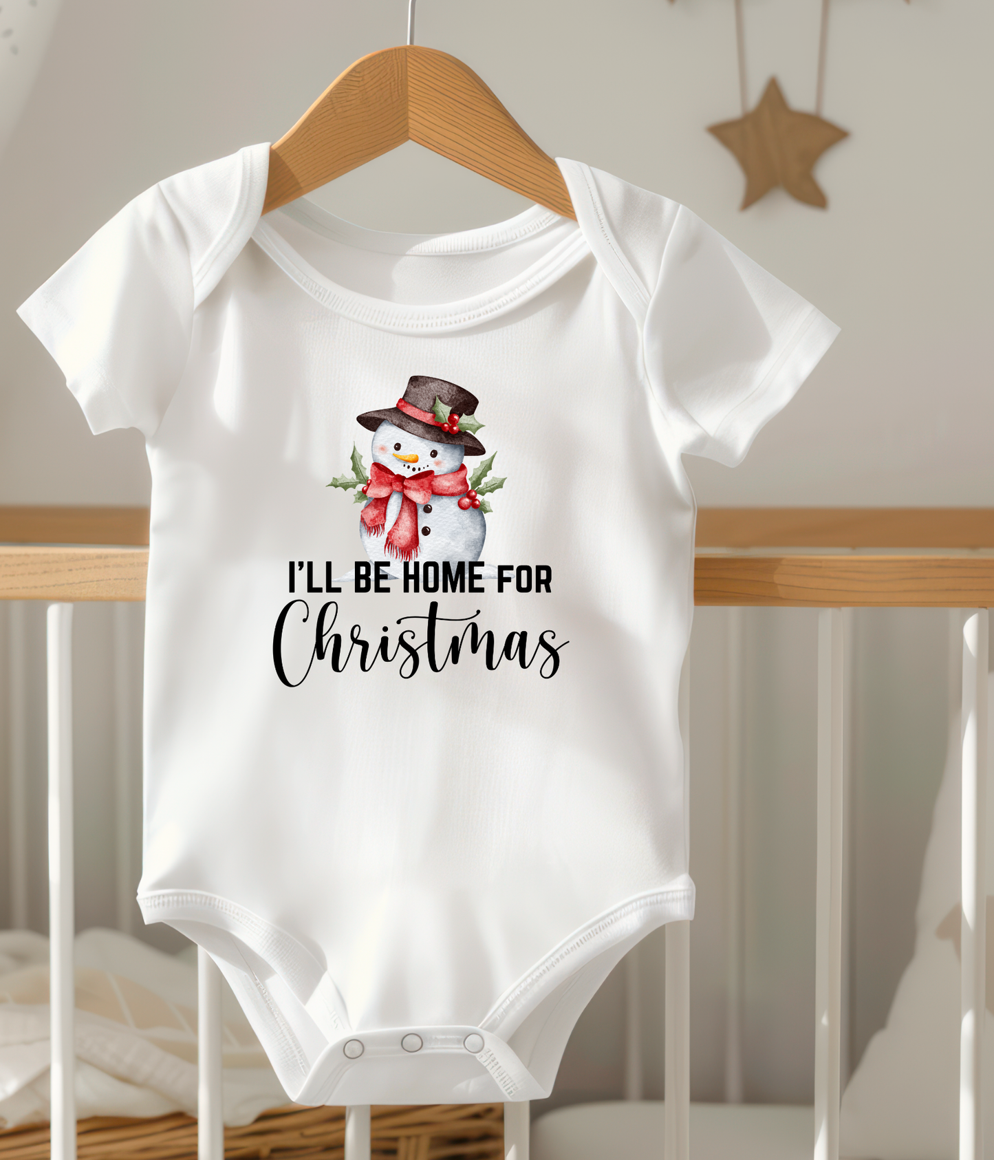 I’ll Be Home for Christmas Baby One-Piece – Cute Snowman Holiday Outfit – Baby’s First Christmas Bodysuit – Christmas Infant Gift Idea