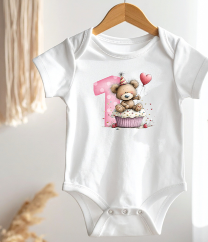 1st Birthday Girl One-piece Bodysuit – Teddy Bear Birthday Outfit – First Birthday Baby Outfit – Pink Number One Baby Bodysuit – Cake Smash Outfit