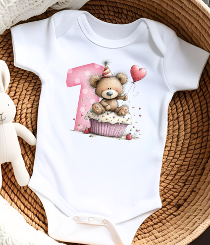 1st Birthday Girl One-piece Bodysuit – Teddy Bear Birthday Outfit – First Birthday Baby Outfit – Pink Number One Baby Bodysuit – Cake Smash Outfit