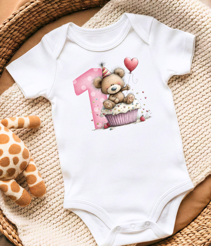 1st Birthday Girl One-piece Bodysuit – Teddy Bear Birthday Outfit – First Birthday Baby Outfit – Pink Number One Baby Bodysuit – Cake Smash Outfit