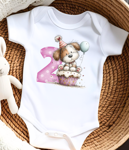 2nd Birthday Girl One-piece Bodysuit – Puppy Birthday Outfit – Two Year Old Baby Outfit – Pink Number 2 Toddler Bodysuit – Cake Smash Birthday Shirt