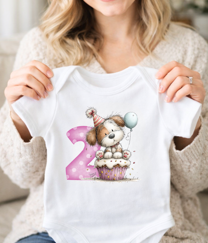2nd Birthday Girl One-piece Bodysuit – Puppy Birthday Outfit – Two Year Old Baby Outfit – Pink Number 2 Toddler Bodysuit – Cake Smash Birthday Shirt