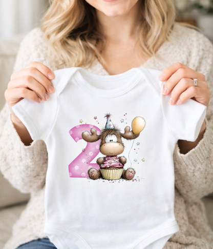 2nd Birthday Girl One-Piece Bodysuit – Moose Birthday Outfit – Two Year Old Baby Bodysuit – Pink Number 2 Birthday Shirt – Cake Smash Outfit