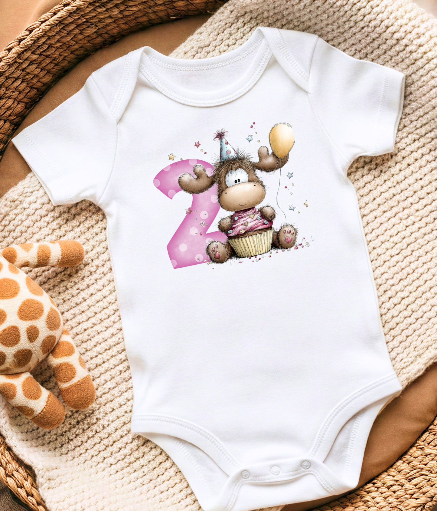2nd Birthday Girl One-Piece Bodysuit – Moose Birthday Outfit – Two Year Old Baby Bodysuit – Pink Number 2 Birthday Shirt – Cake Smash Outfit