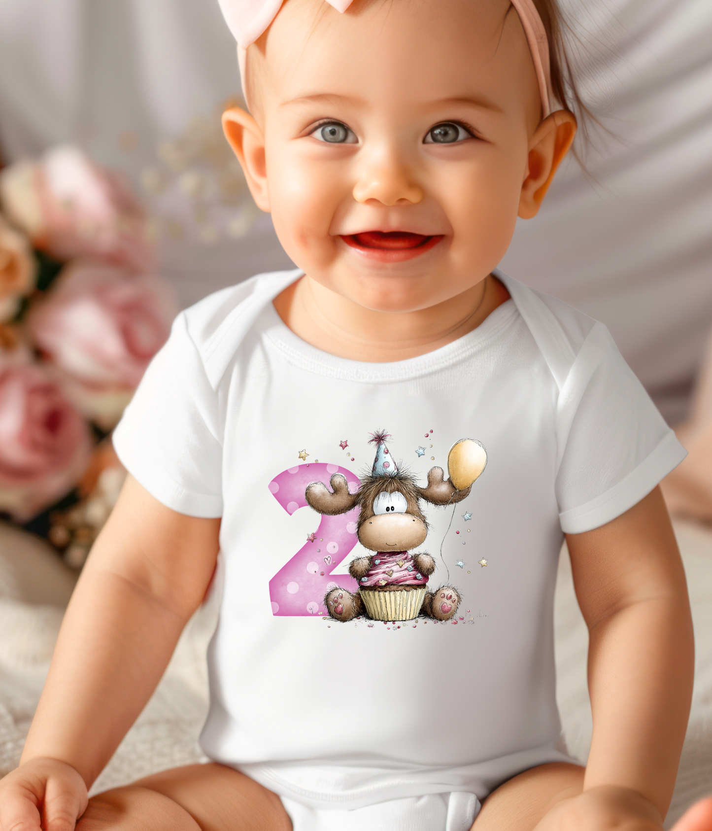 2nd Birthday Girl One-Piece Bodysuit – Moose Birthday Outfit – Two Year Old Baby Bodysuit – Pink Number 2 Birthday Shirt – Cake Smash Outfit