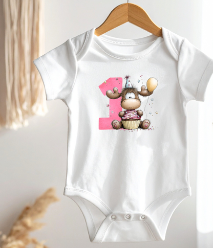 1st Birthday Girl One-Piece Bodysuit –Cute Moose Birthday Outfit – First Birthday Baby Outfit  – Cake Smash Birthday Shirt