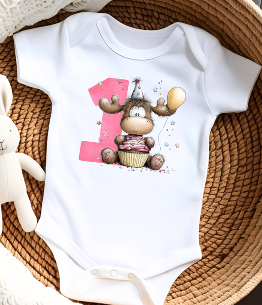 1st Birthday Girl One-Piece Bodysuit –Cute Moose Birthday Outfit – First Birthday Baby Outfit  – Cake Smash Birthday Shirt