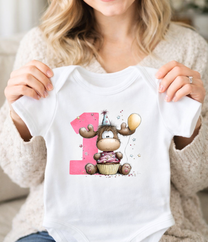 1st Birthday Girl One-Piece Bodysuit –Cute Moose Birthday Outfit – First Birthday Baby Outfit  – Cake Smash Birthday Shirt