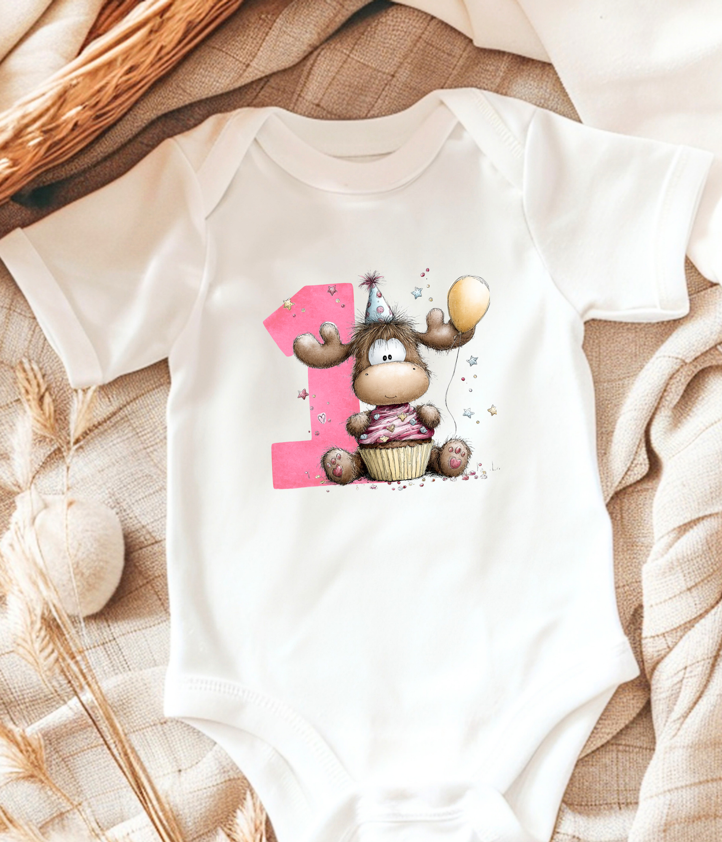 1st Birthday Girl One-Piece Bodysuit –Cute Moose Birthday Outfit – First Birthday Baby Outfit  – Cake Smash Birthday Shirt