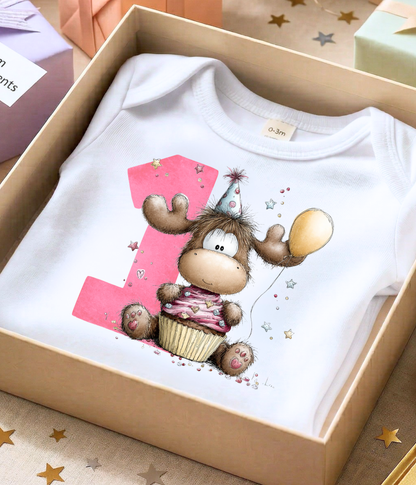 1st Birthday Girl One-Piece Bodysuit –Cute Moose Birthday Outfit – First Birthday Baby Outfit  – Cake Smash Birthday Shirt