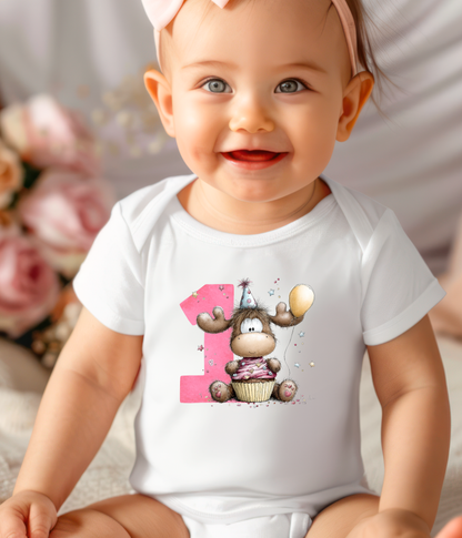 1st Birthday Girl One-Piece Bodysuit –Cute Moose Birthday Outfit – First Birthday Baby Outfit  – Cake Smash Birthday Shirt