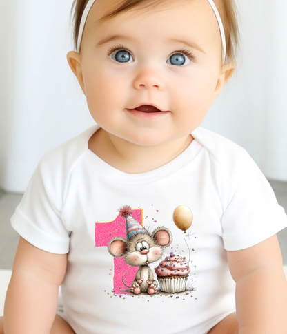 1st Birthday Girl One-Piece Bodysuit – Mouse Birthday Outfit – First Birthday Baby Outfit – Pink Number 1 Bodysuit – Cake Smash Shirt