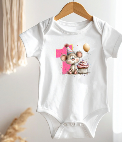 1st Birthday Girl One-Piece Bodysuit – Mouse Birthday Outfit – First Birthday Baby Outfit – Pink Number 1 Bodysuit – Cake Smash Shirt