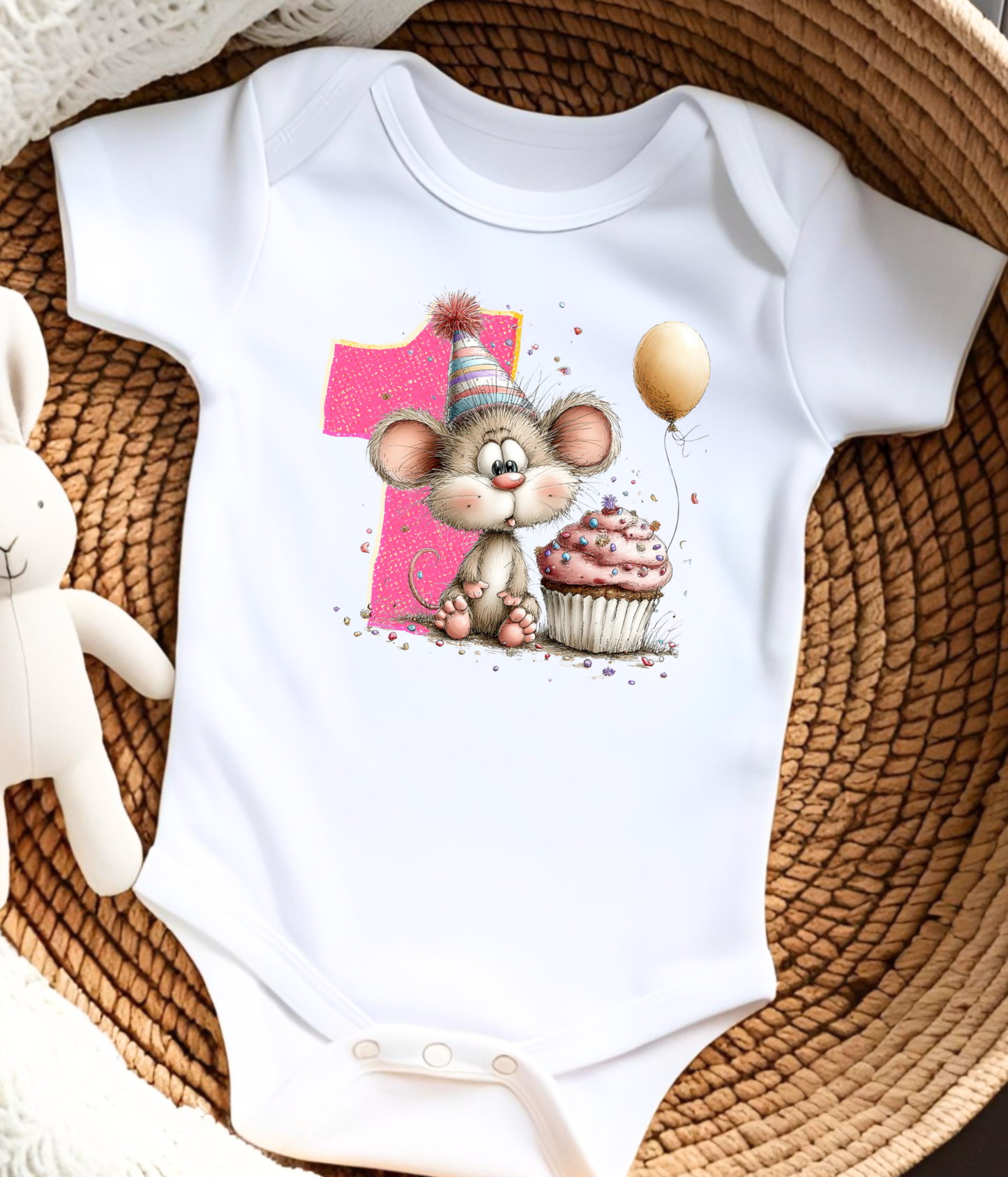 1st Birthday Girl One-Piece Bodysuit – Mouse Birthday Outfit – First Birthday Baby Outfit – Pink Number 1 Bodysuit – Cake Smash Shirt