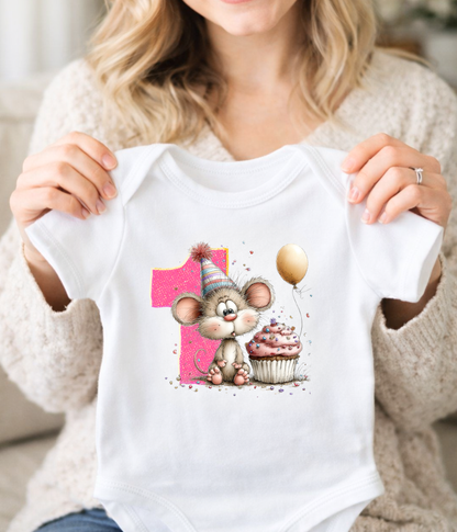 1st Birthday Girl One-Piece Bodysuit – Mouse Birthday Outfit – First Birthday Baby Outfit – Pink Number 1 Bodysuit – Cake Smash Shirt