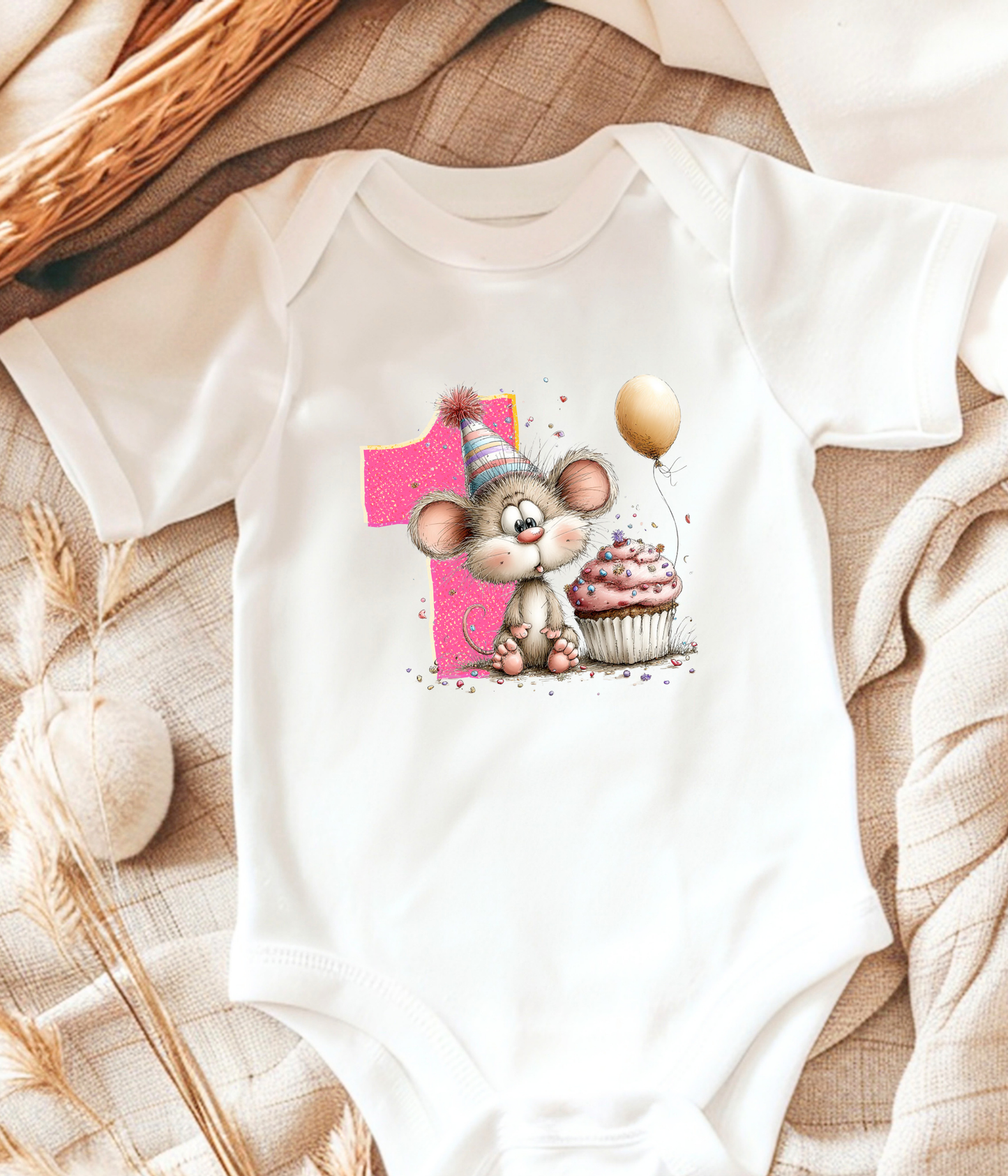 1st Birthday Girl One-Piece Bodysuit – Mouse Birthday Outfit – First Birthday Baby Outfit – Pink Number 1 Bodysuit – Cake Smash Shirt