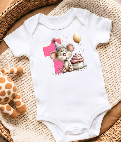 1st Birthday Girl One-Piece Bodysuit – Mouse Birthday Outfit – First Birthday Baby Outfit – Pink Number 1 Bodysuit – Cake Smash Shirt