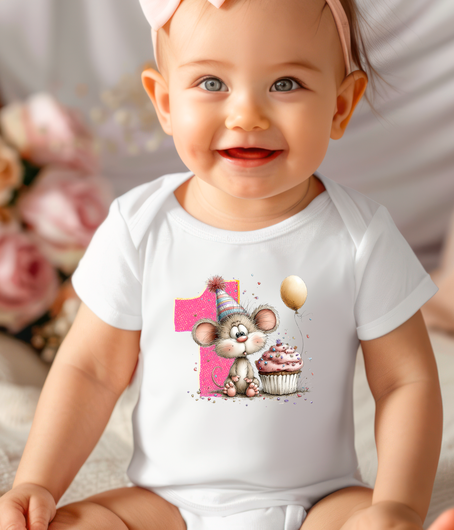 1st Birthday Girl One-Piece Bodysuit – Mouse Birthday Outfit – First Birthday Baby Outfit – Pink Number 1 Bodysuit – Cake Smash Shirt