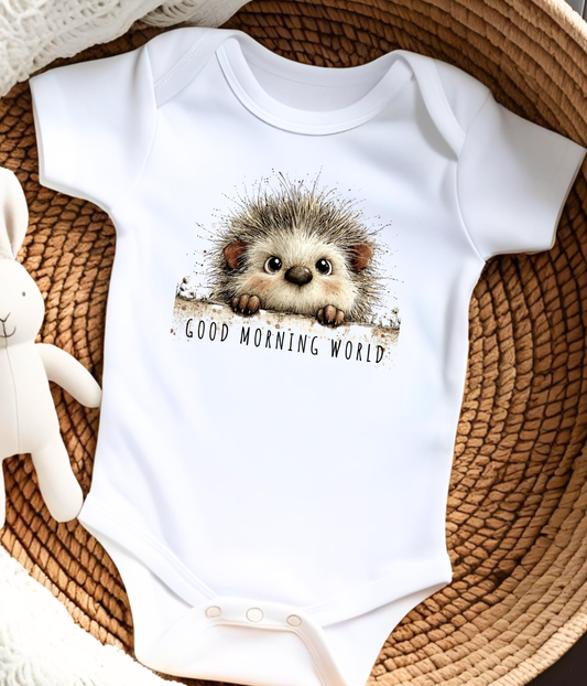 Good Morning World Baby Onesie® – Cute Hedgehog Baby Outfit – Newborn Announcement Bodysuit – Baby Shower Gift – Infant Coming Home Outfit