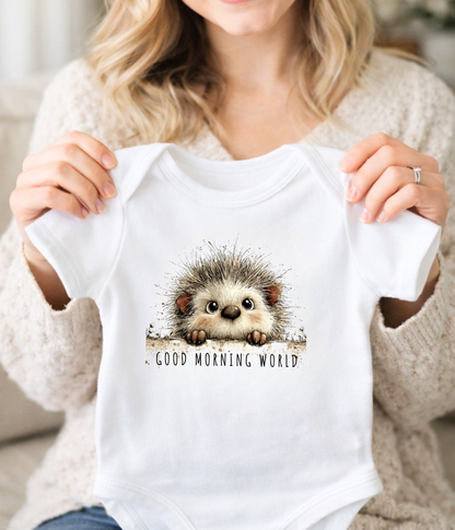 Good Morning World Baby One-Piece – Cute Hedgehog Baby Outfit – Newborn Announcement Bodysuit – Baby Shower Gift – Infant Coming Home Outfit