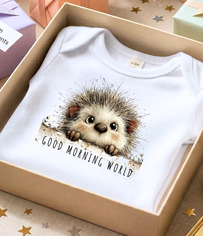 Good Morning World Baby One-Piece – Cute Hedgehog Baby Outfit – Newborn Announcement Bodysuit – Baby Shower Gift – Infant Coming Home Outfit