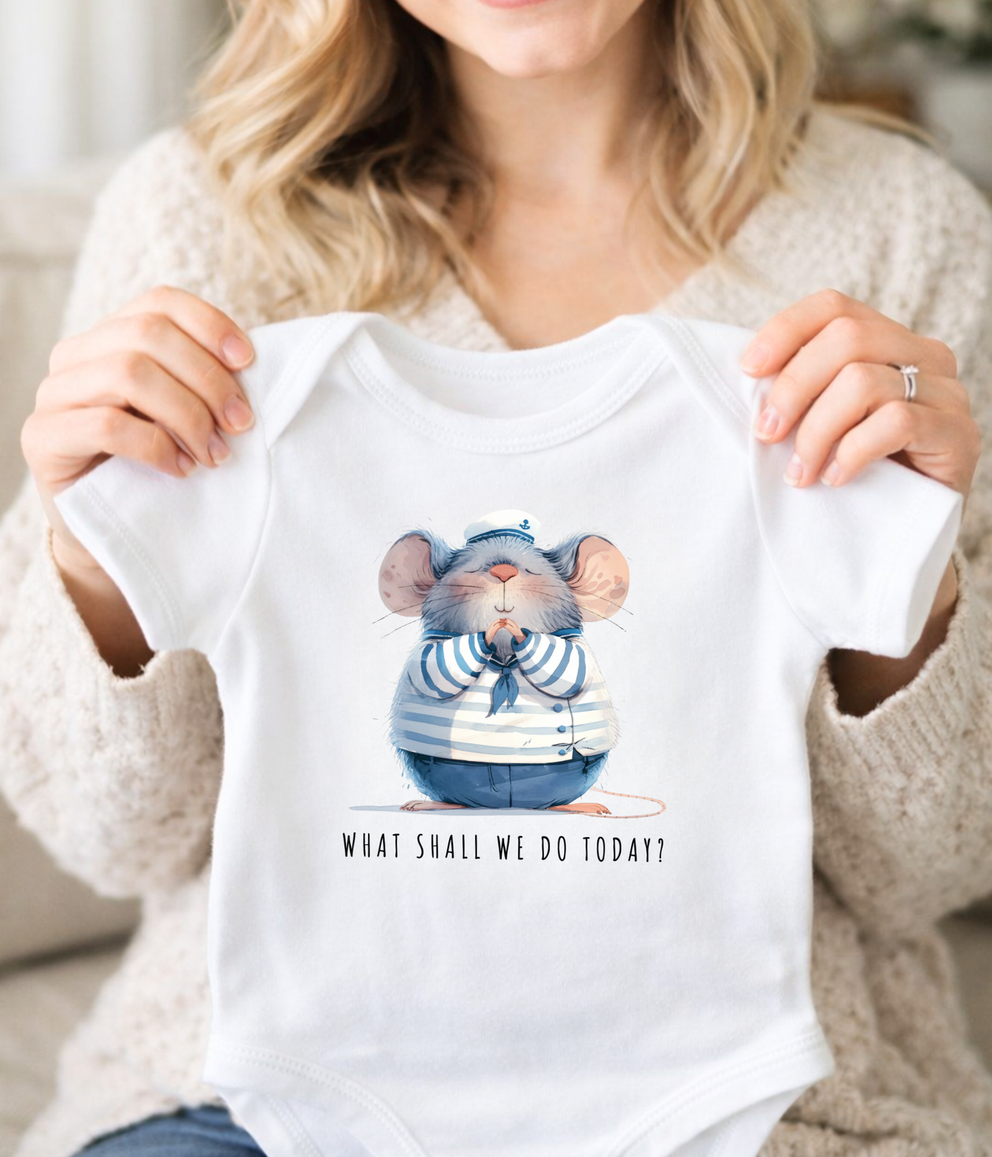 Cute Mouse Baby One-Piece – “What Shall We Do Today?” Outfit – Nautical Baby Bodysuit – Unisex Infant Outfit – Baby Shower Gift