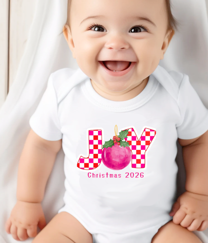 Joy Christmas Baby One-Piece 2026 – Pink Plaid Holiday Outfit – Baby Girl Christmas Bodysuit