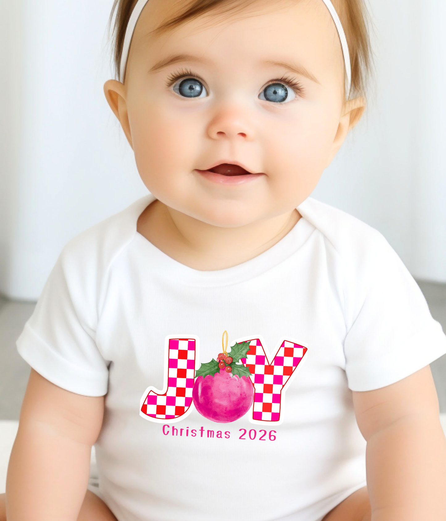 Joy Christmas Baby One-Piece 2026 – Pink Plaid Holiday Outfit – Baby Girl Christmas Bodysuit
