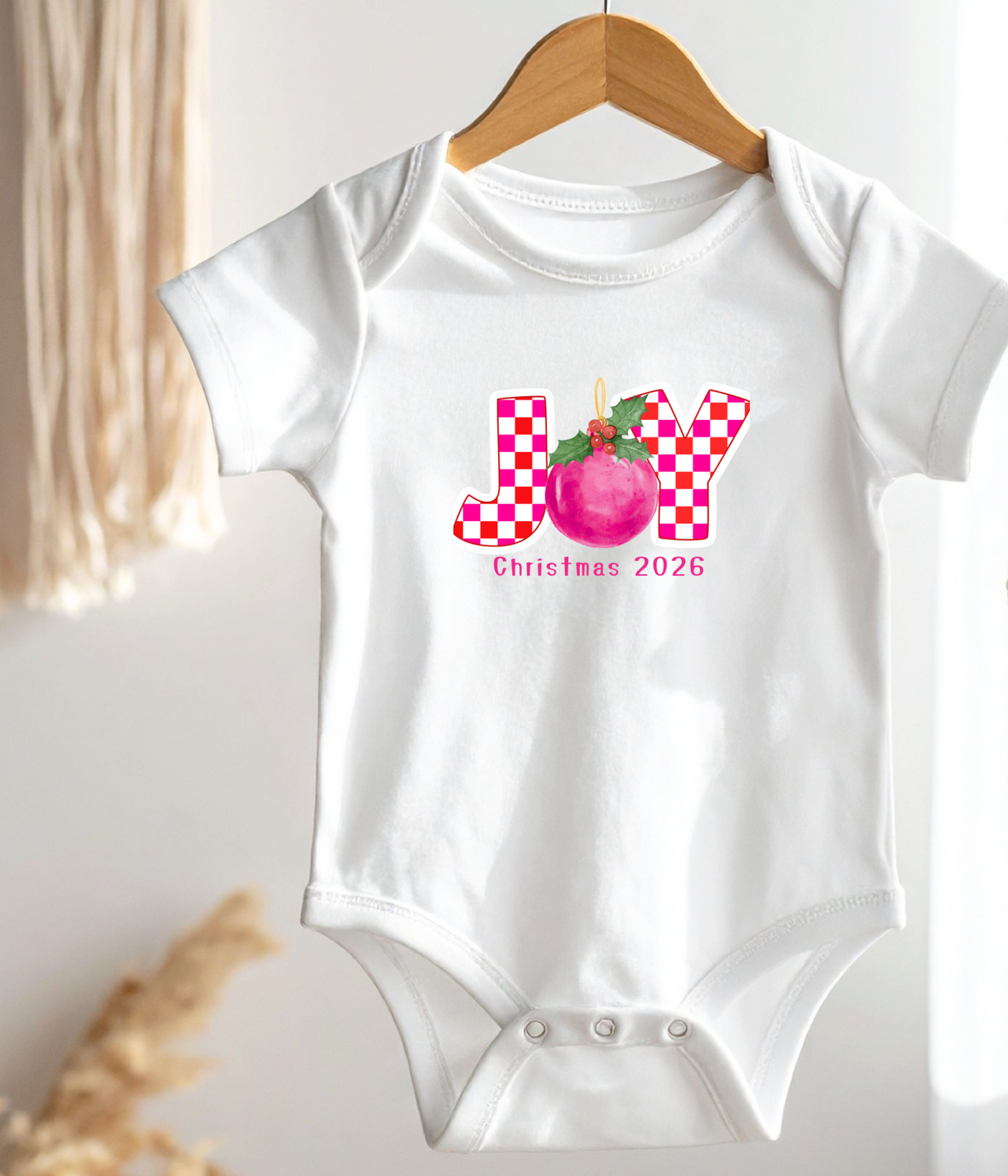 Joy Christmas Baby One-Piece 2026 – Pink Plaid Holiday Outfit – Baby Girl Christmas Bodysuit